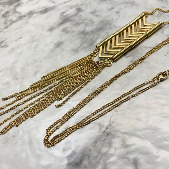 Vintage Chevron Arrows Statement Necklace Gold Tone Long Tassle Chain - Picture 7 of 8